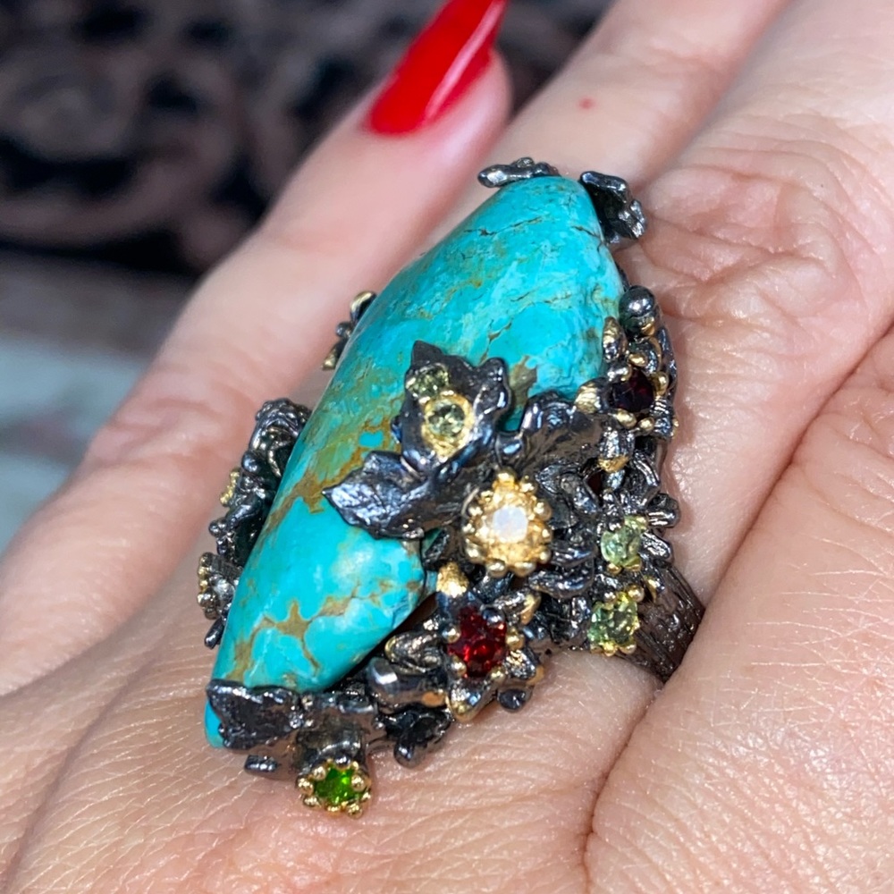 Gorgeous Genuine Turquoise Ring with Gemstones - Picture 8 of 17